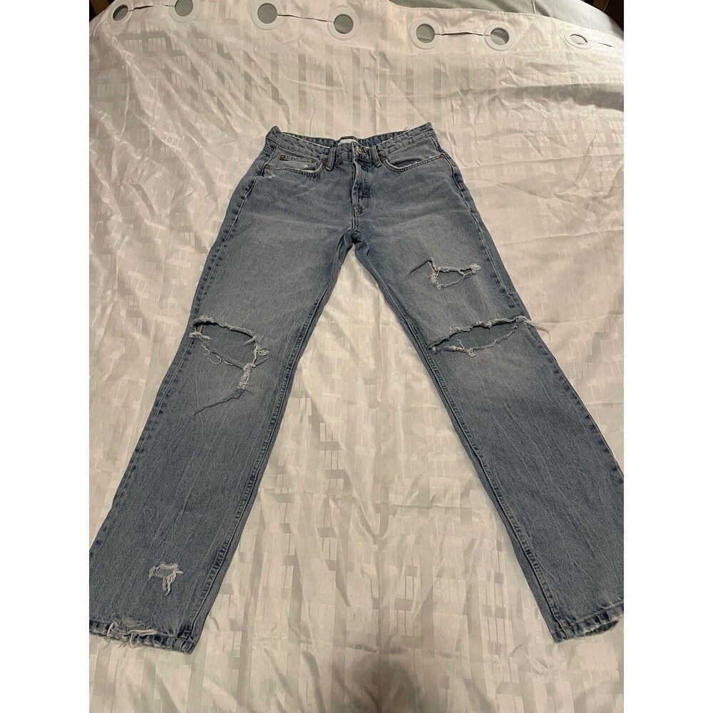 Zara Women Jeans US Sz 8 Light Wash Blue Button Fly Distressed Ripped Destroyed